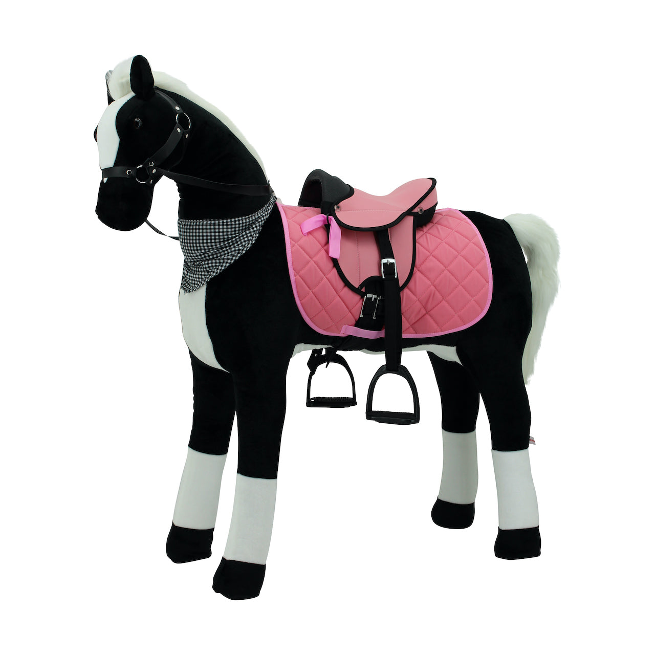 Sweety Toys 13180 écurie de sécurité pour cheval debout XXL cheval avec sous-structure en acier hauteur 125 cm cheval d'équitation noir avec selle supplémentaire, étriers