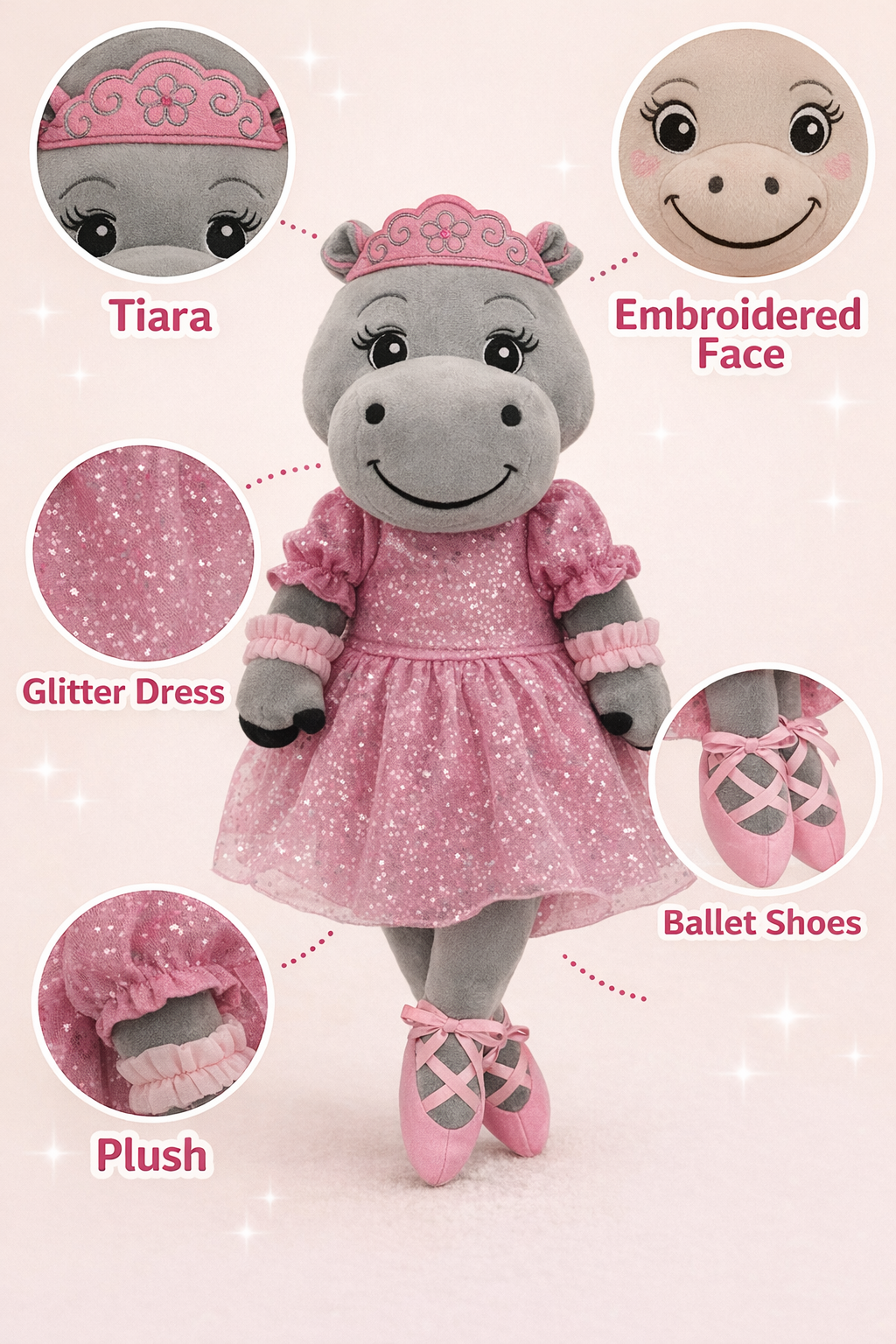 Sweety Toys 13418 Stoffpuppe Ballerina Nilpferd – Kuscheltier Hippo mit Tütü & Krone, 50 cm – weiches Stofftier