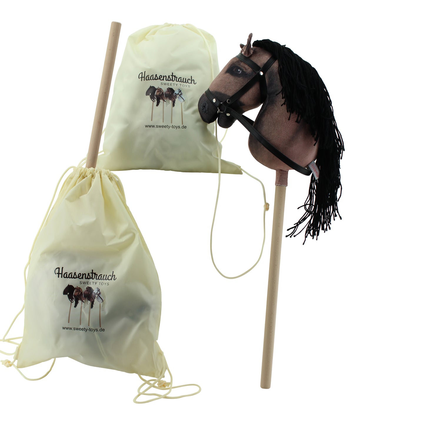 Haasenstrauch Sweety Toys Hobbyhorse-2er Set Steckenpferd in weiß und in dunkelbraun geeignet für Hobbyhorsing & Transportbeutel