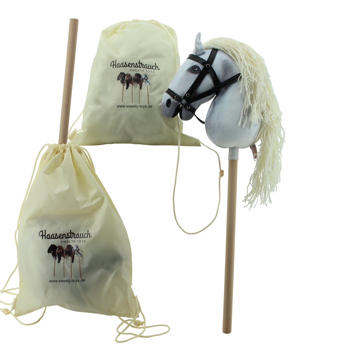 Haasenstrauch Sweety Toys Hobbyhorse-2er Set Steckenpferd in weiß und in dunkelbraun geeignet für Hobbyhorsing & Transportbeutel