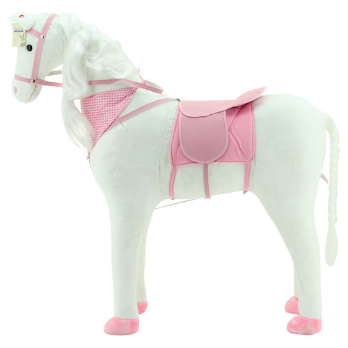 sweety toys 13975 stehpferd xxl reitpferd größe ca.105 cm kopfhöhe bis, farbe weiss mit langer weisser mähne und weissem geflochtenen schweif mit sattel rosa und pferdedecke zaumzeug mit fliegenmaske