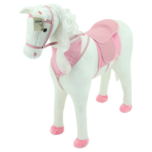 sweety toys 13975 stehpferd xxl reitpferd größe ca.105 cm kopfhöhe bis, farbe weiss mit langer weisser mähne und weissem geflochtenen schweif mit sattel rosa und pferdedecke zaumzeug mit fliegenmaske