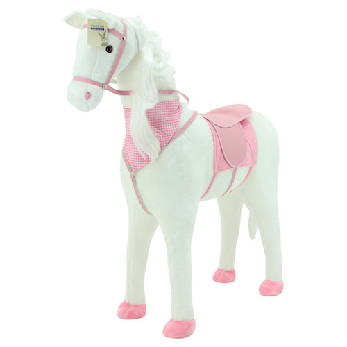 sweety toys 13975 stehpferd xxl reitpferd größe ca.105 cm kopfhöhe bis, farbe weiss mit langer weisser mähne und weissem geflochtenen schweif mit sattel rosa und pferdedecke zaumzeug mit fliegenmaske