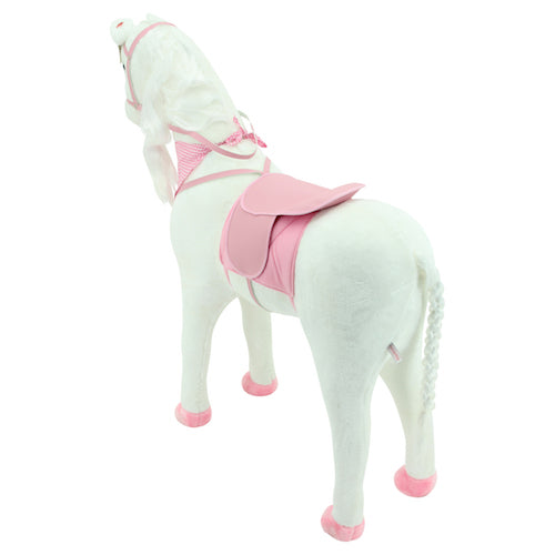 sweety toys 13975 stehpferd xxl reitpferd größe ca.105 cm kopfhöhe bis, farbe weiss mit langer weisser mähne und weissem geflochtenen schweif mit sattel rosa und pferdedecke zaumzeug mit fliegenmaske