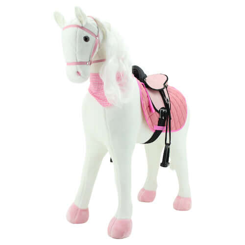 sweety toys 11063/11100 stehpferd xxl giant riesen reitpferd "white beauty" größe ca.125 cm kopfhöhe bis 100kg, weiss mit rosa sattel
