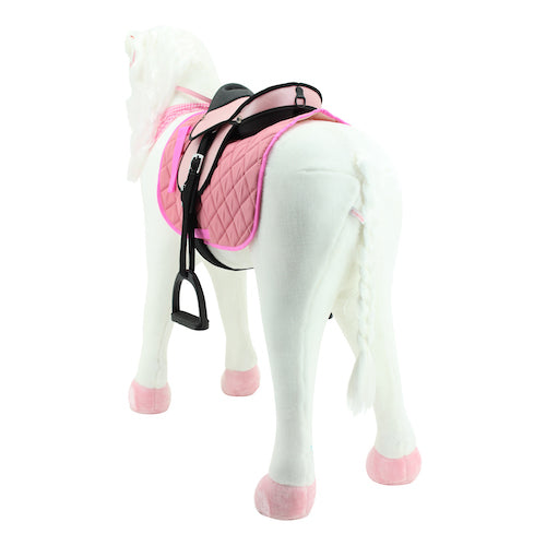 sweety toys 11063/11100 stehpferd xxl giant riesen reitpferd "white beauty" größe ca.125 cm kopfhöhe bis 100kg, weiss mit rosa sattel