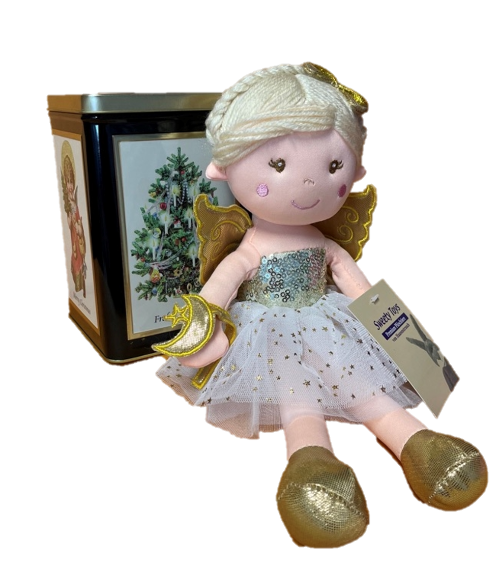 sweety toys geschenkset 11742 stoffpuppe softpuppe fee 30 cm gold mit geschenkdose, weihnachtsgeschenkdose geschenkidee geschenkset