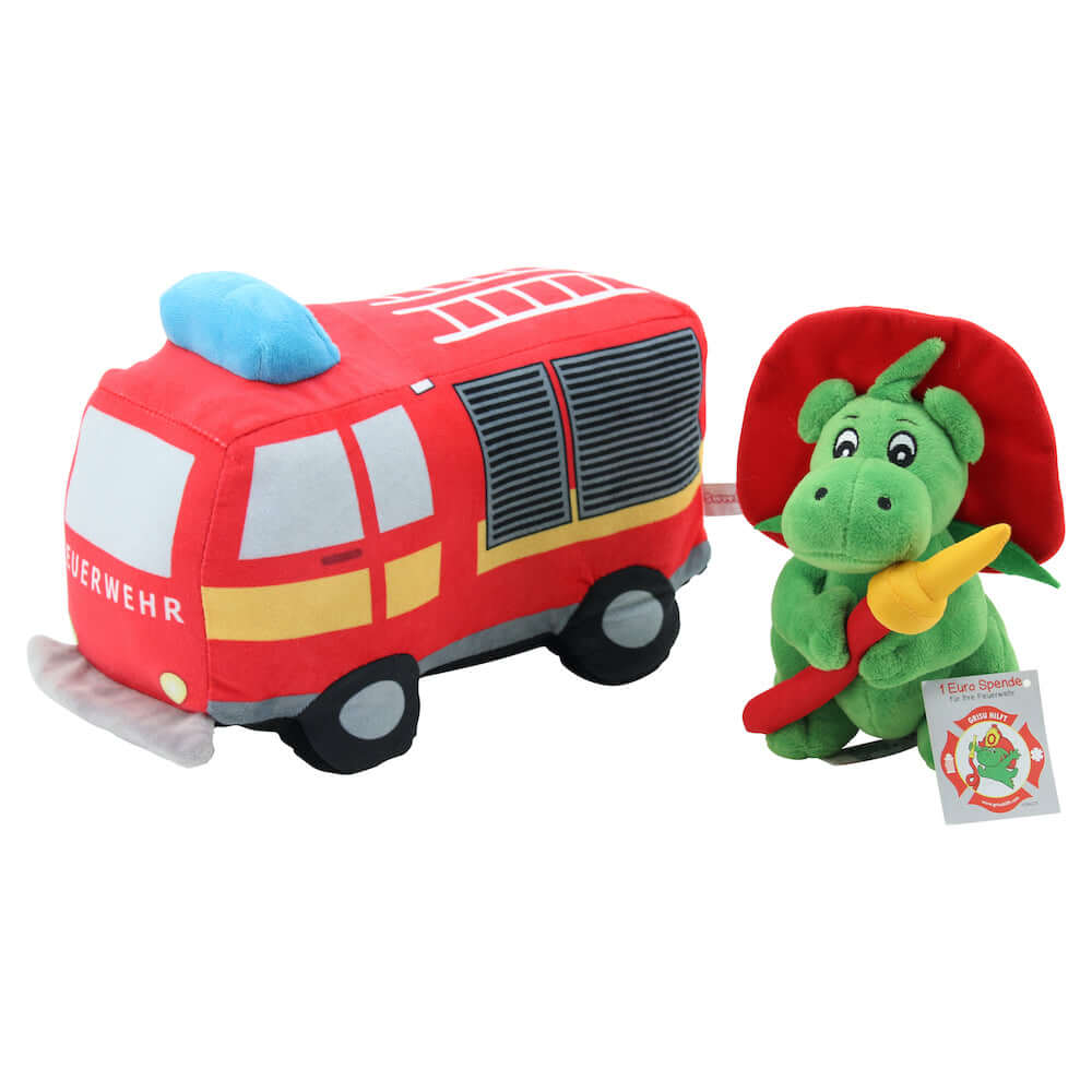 sweety toys 12213 set grisu plüsch feuerwehrmaskottchen 20 cm & plüsch feuerwehr auto lastwagen ca. 30 cm