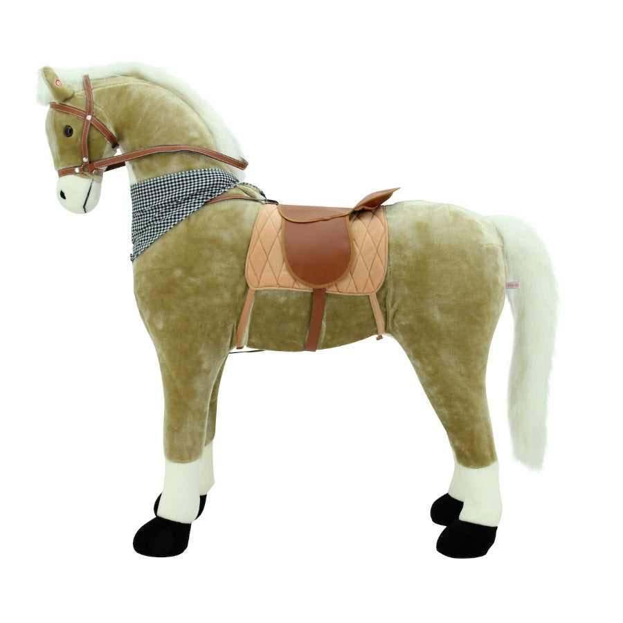 sweety toys 12671 xxl stehpferd goldie beige,ca.120cm, mit weisser mähne und schweif schwarzes halstuch, reitpferd mit zwei soundfunktionen