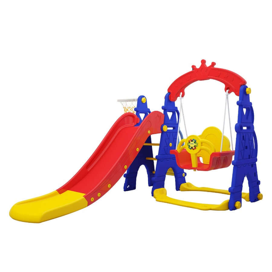 sweety toys 12718 schaukel und rutsche spielset 3-in 1 produkt rot/gelb/blau mit basketballkorb im eifelturmdesign