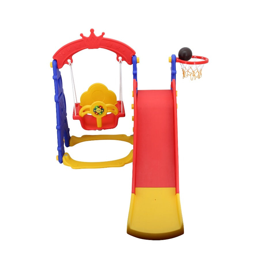 b - ware sweety toys 12718 schaukel und rutsche spielset 3-in 1 produkt rot/gelb/blau mit basketballkorb im eifelturmdesign