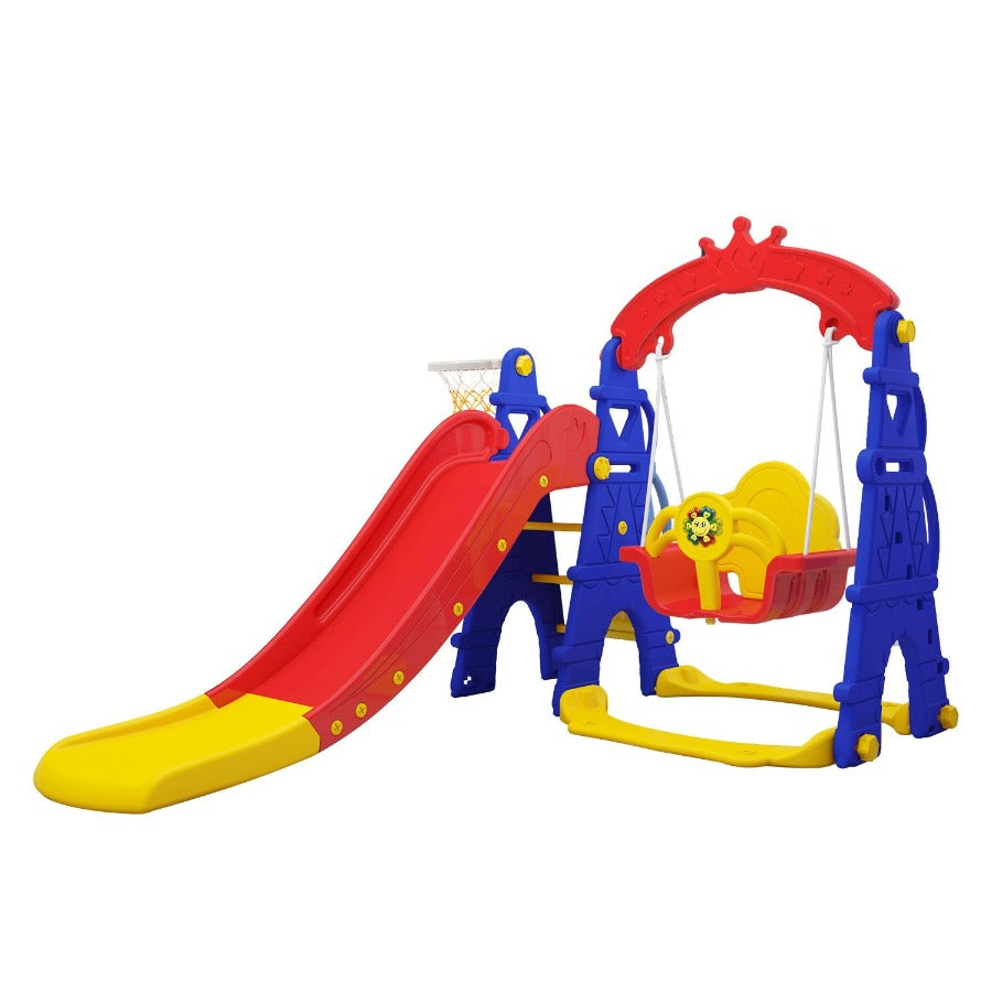 b - ware sweety toys 12718 schaukel und rutsche spielset 3-in 1 produkt rot/gelb/blau mit basketballkorb im eifelturmdesign