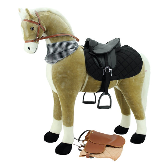 sweety toys 13135 xxl 120cm stehpferd goldie beige mit weisser mähne und schweif -standpferd reitpferd mit zwei sounds & sattel schwarz