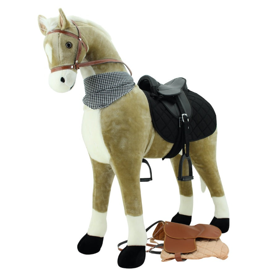 sweety toys 13135 xxl 120cm stehpferd goldie beige mit weisser mähne und schweif -standpferd reitpferd mit zwei sounds & sattel schwarz