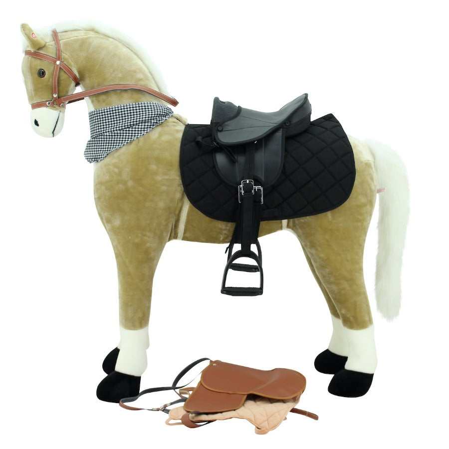 sweety toys 13135 xxl 120cm stehpferd goldie beige mit weisser mähne und schweif -standpferd reitpferd mit zwei sounds & sattel schwarz
