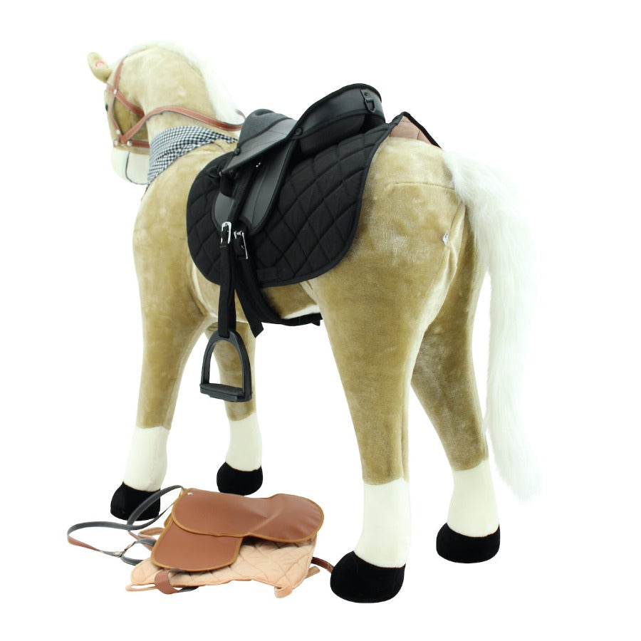 sweety toys 13135 xxl 120cm stehpferd goldie beige mit weisser mähne und schweif -standpferd reitpferd mit zwei sounds & sattel schwarz