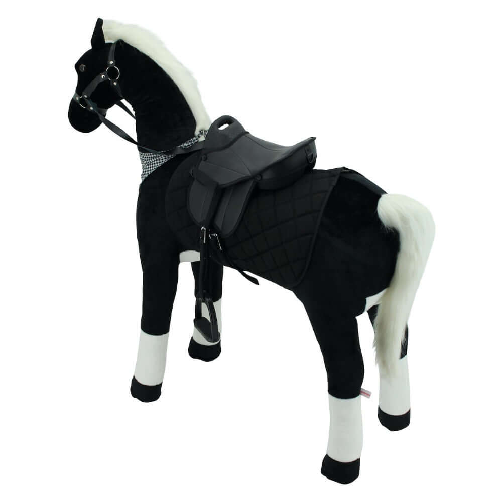 sweety toys 13944 stehpferd stabiles xxl riesenpferd 125 cm reitpferd schwarz mit stahlunterbau mit zusätzlichem reitsattel und fliegenmaske