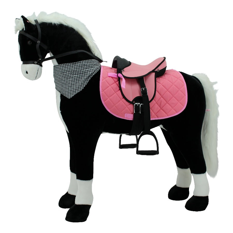 sweety toys 13197 stehpferd giant reitpferd "black giant" größe ca.125 cm kopfhöhe bis 100 kg belastbar - farbe schwarz, weisse mähne mit sattel