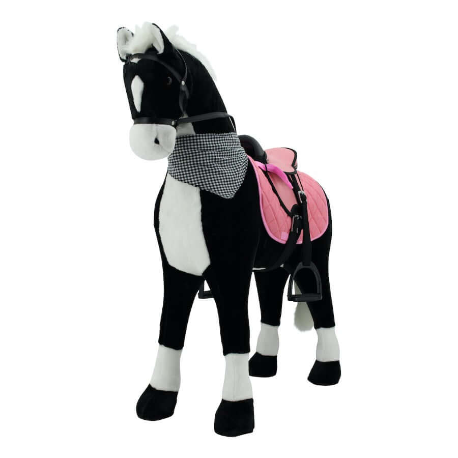 sweety toys 13197 stehpferd giant reitpferd "black giant" größe ca.125 cm kopfhöhe bis 100 kg belastbar - farbe schwarz, weisse mähne mit sattel