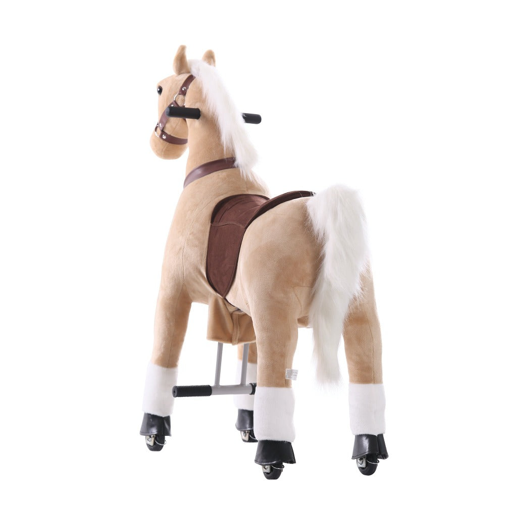 beiges Reittier auf Rollen von hinten
