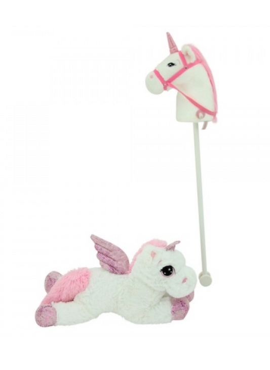 sweety toys 11018 set - steckenpferd einhorn & kuscheltier einhorn plüschtier 65 cm weiss