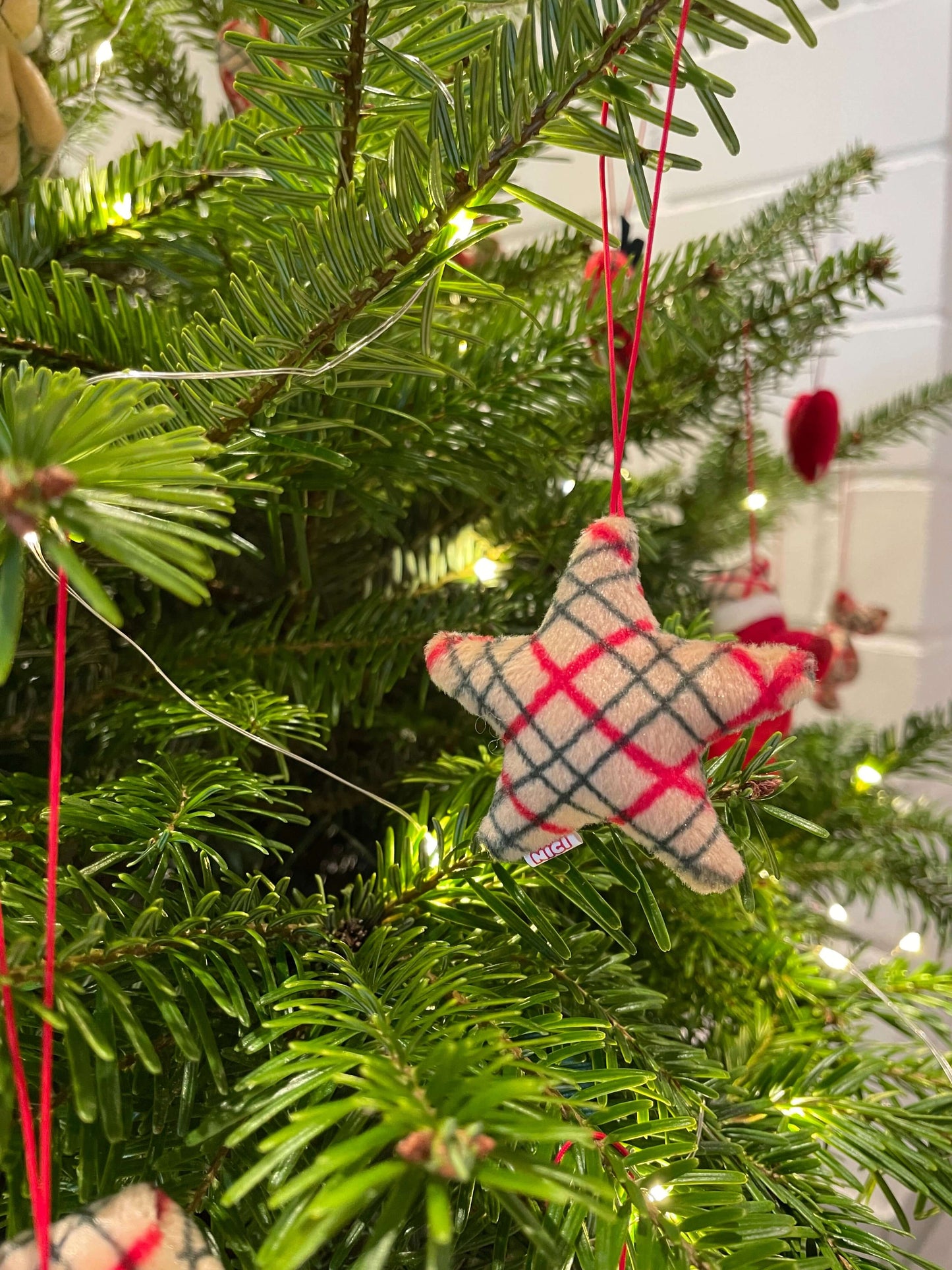 nici weihnachtsbaumanhänger, sternanhänger in beige kariert 6 tlg. , christbaumschmuck, weihnachtsschmuck