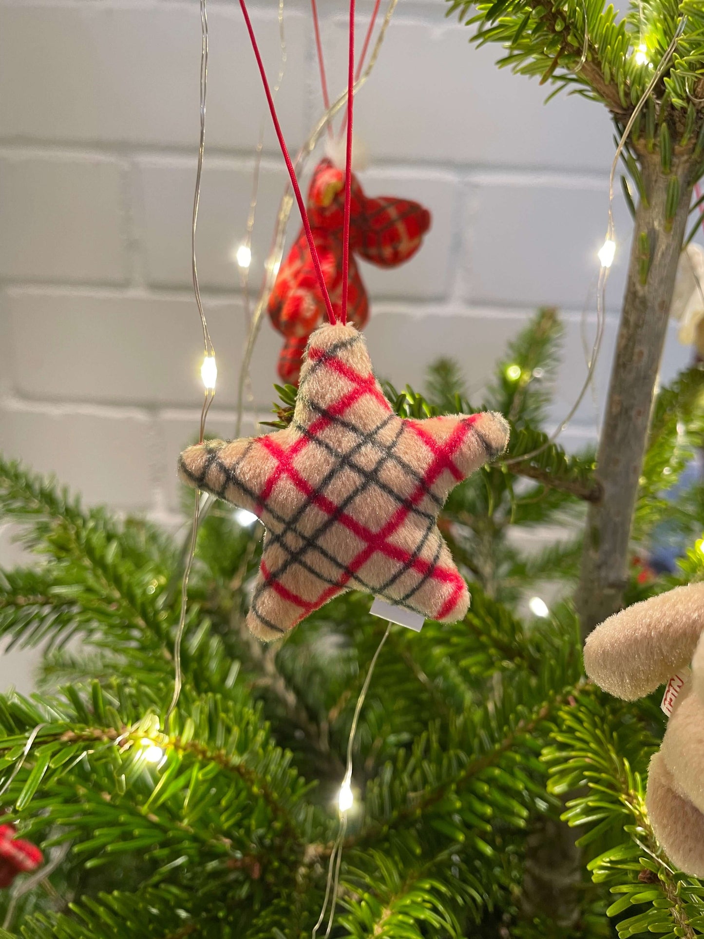 nici weihnachtsbaumanhänger, sternanhänger in beige kariert 6 tlg. , christbaumschmuck, weihnachtsschmuck beige kariert