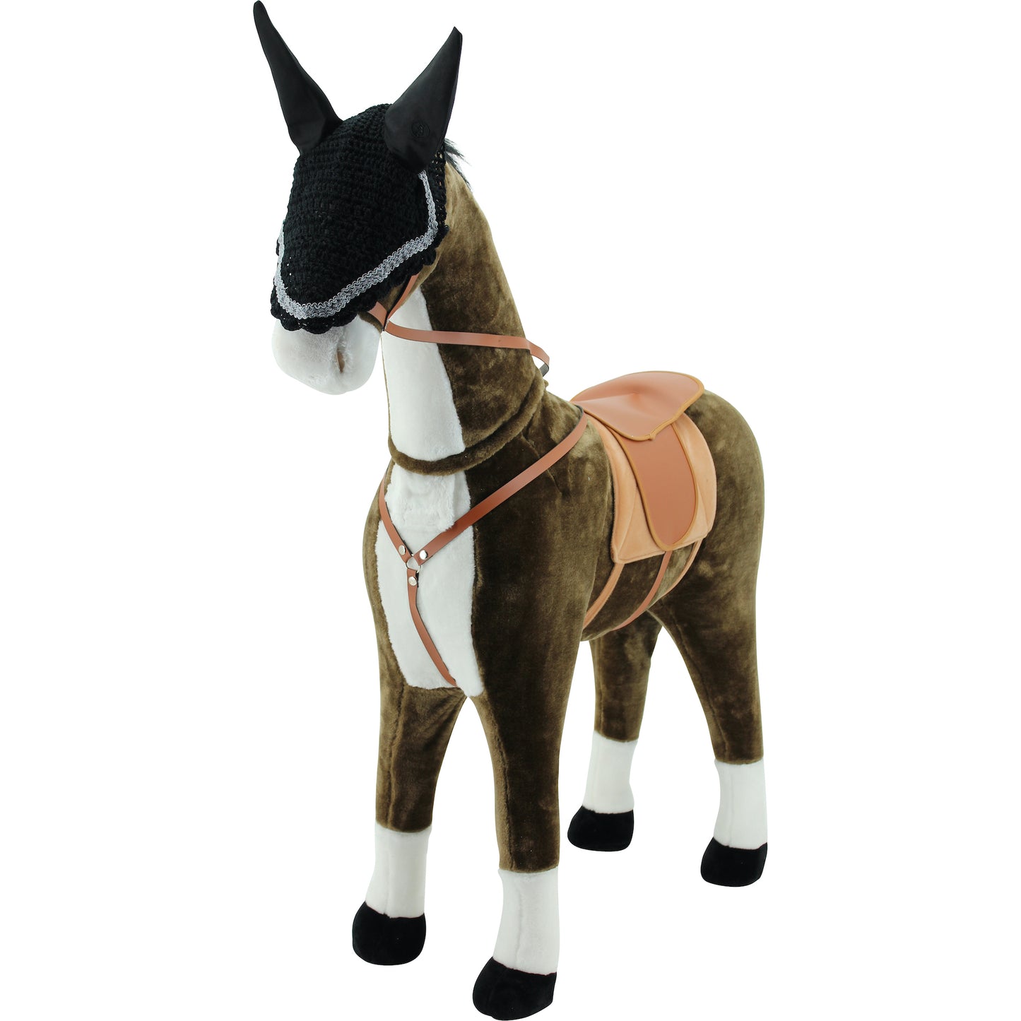 sweety toys 13951 plüsch-stehpferd "chocolate" ca.105cm kopfhöhe bis 80 kg belastbar, mit dunkler mähne, dunklem schweif mit sattel, pferdedecke und zaumzeug mit fliegenmaske