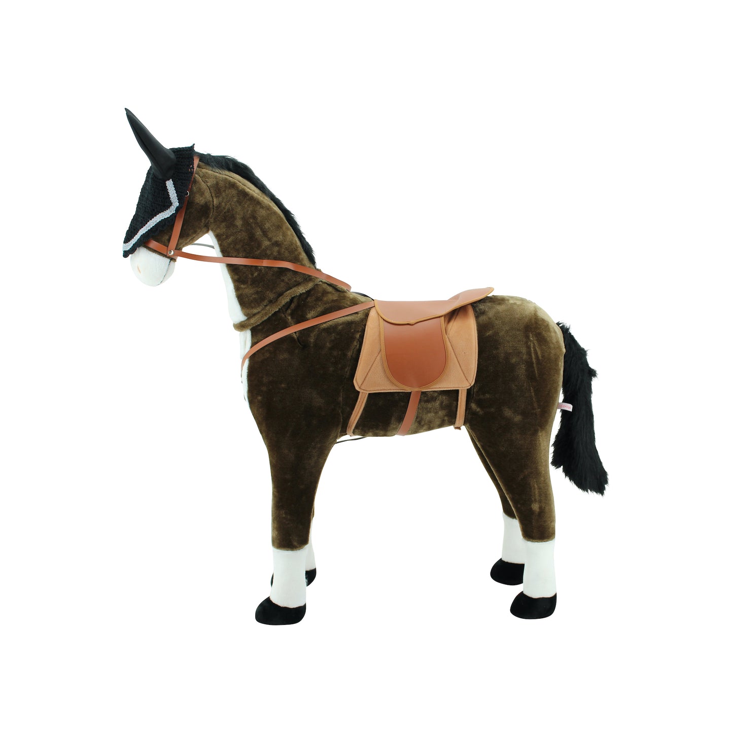 sweety toys 13951 plüsch-stehpferd "chocolate" ca.105cm kopfhöhe bis 80 kg belastbar, mit dunkler mähne, dunklem schweif mit sattel, pferdedecke und zaumzeug mit fliegenmaske