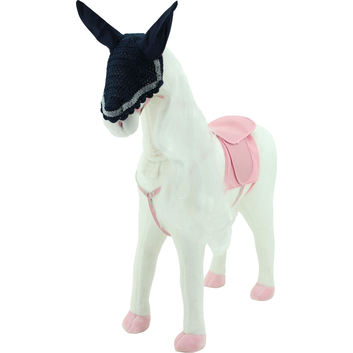 sweety toys 13975 stehpferd xxl reitpferd größe ca.105 cm kopfhöhe bis, farbe weiss mit langer weisser mähne und weissem geflochtenen schweif mit sattel rosa und pferdedecke zaumzeug mit fliegenmaske