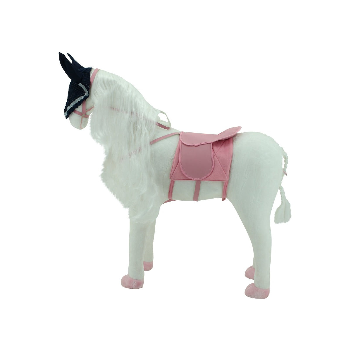 sweety toys 13975 stehpferd xxl reitpferd größe ca.105 cm kopfhöhe bis, farbe weiss mit langer weisser mähne und weissem geflochtenen schweif mit sattel rosa und pferdedecke zaumzeug mit fliegenmaske