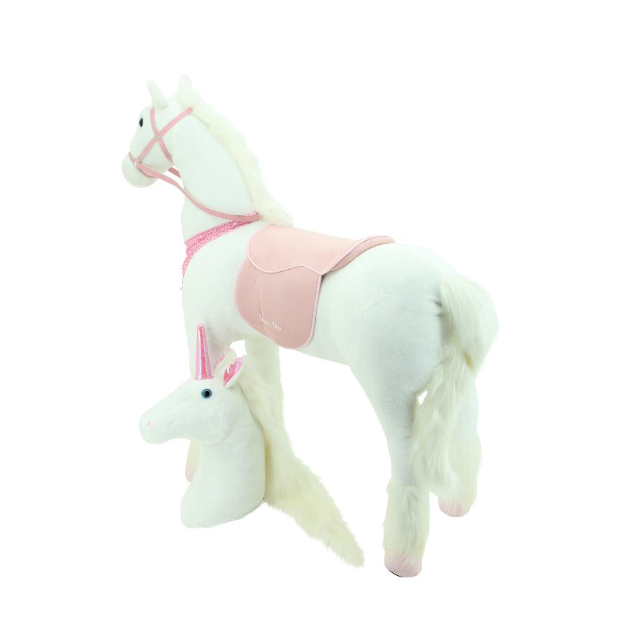 sweety toys 13869 plüsch stehpferd stabiles robustes xxl pferd/ einhorn höhe 130 cm pferd reitpferd weiß mit stahlunterbau- mit 2 wechselköpfen