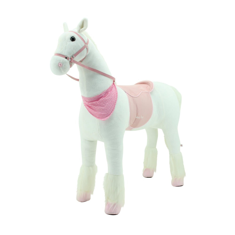 sweety toys 13883 plüsch stehpferd stabiles robustes xxl pferd mit stahlunterbau höhe 130 cm reitpferd weiss mit rosa sattel mit steigbügeln