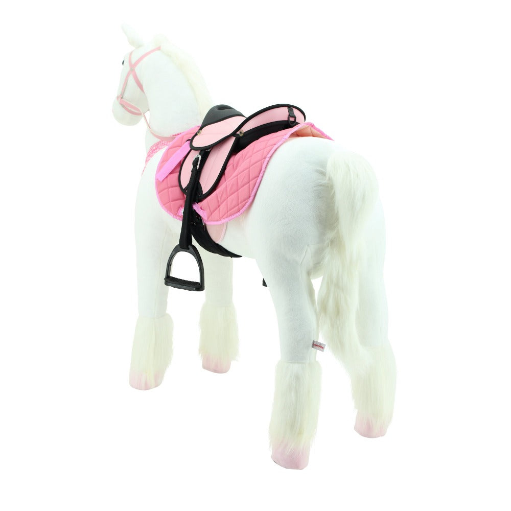 sweety toys 13883 plüsch stehpferd stabiles robustes xxl pferd mit stahlunterbau höhe 130 cm reitpferd weiss mit rosa sattel mit steigbügeln