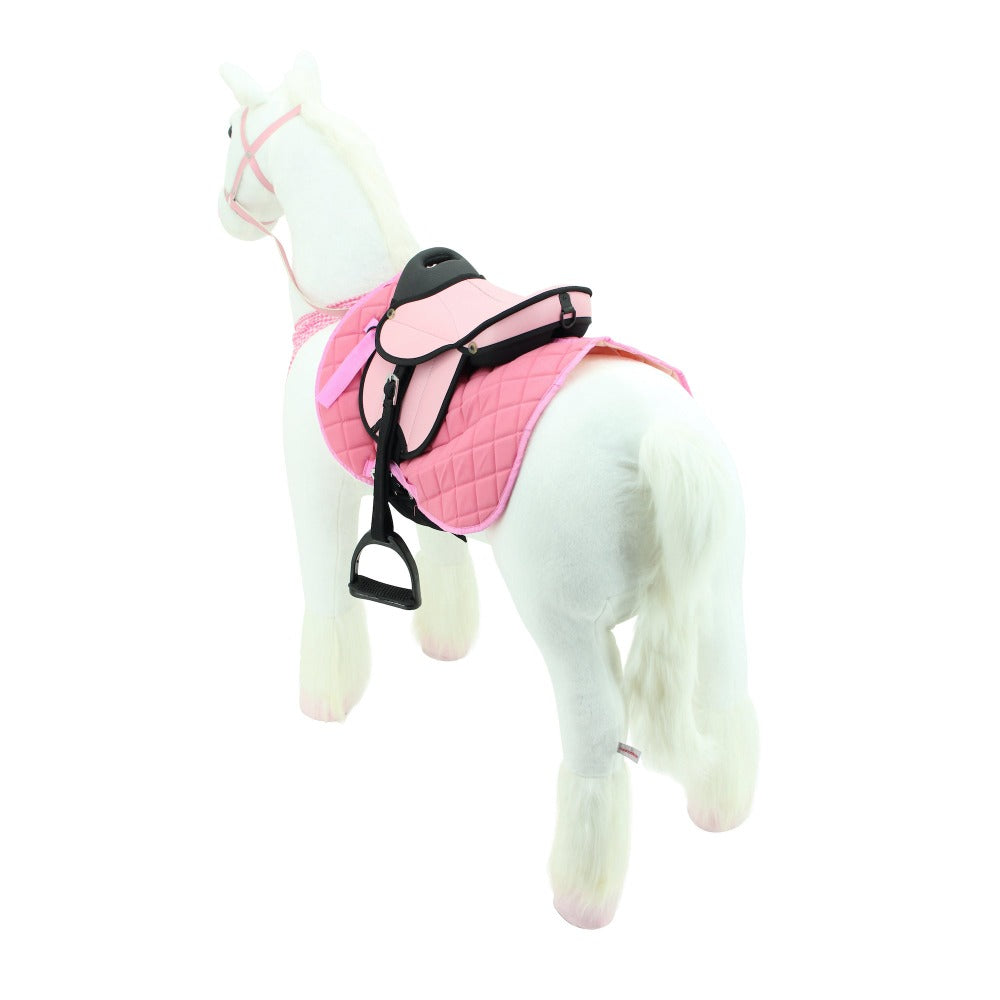 sweety toys 13883 plüsch stehpferd stabiles robustes xxl pferd mit stahlunterbau höhe 130 cm reitpferd weiss mit rosa sattel mit steigbügeln