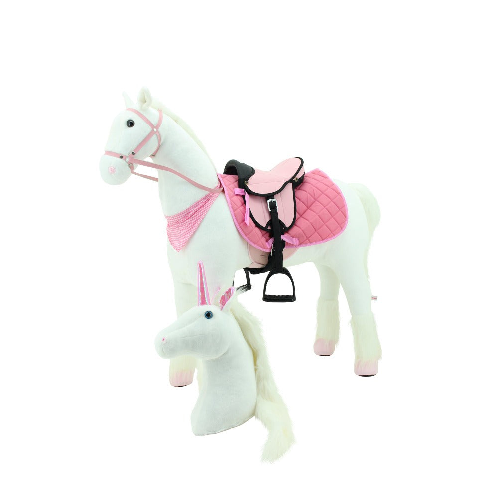 sweety toys 13890 stehpferd robustes xxl reitpferd mit stahlunterbau höhe 130 cm weiss mit rosa sattel inkl. zweitem kopf einhorn