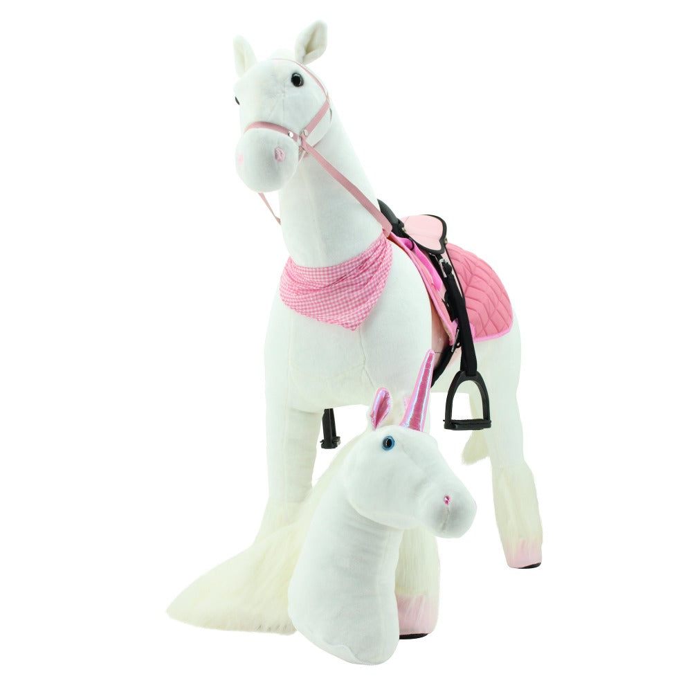 sweety toys 13890 stehpferd robustes xxl reitpferd mit stahlunterbau höhe 130 cm weiss mit rosa sattel inkl. zweitem kopf einhorn