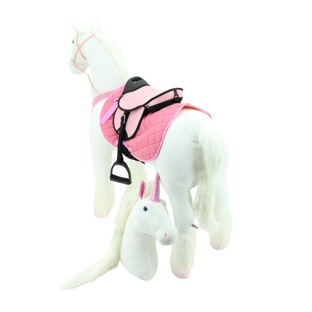 sweety toys 13890 stehpferd robustes xxl reitpferd mit stahlunterbau höhe 130 cm weiss mit rosa sattel inkl. zweitem kopf einhorn