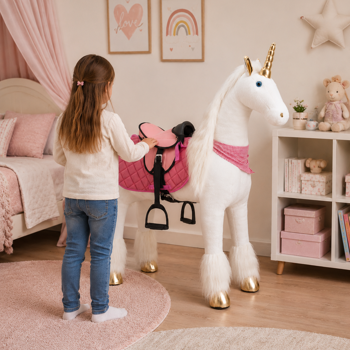 Stehpferd Einhorn XXL 125 cm Weiß mit Stahlunterbau mit Reitsattel – belastbar bis 100 kg