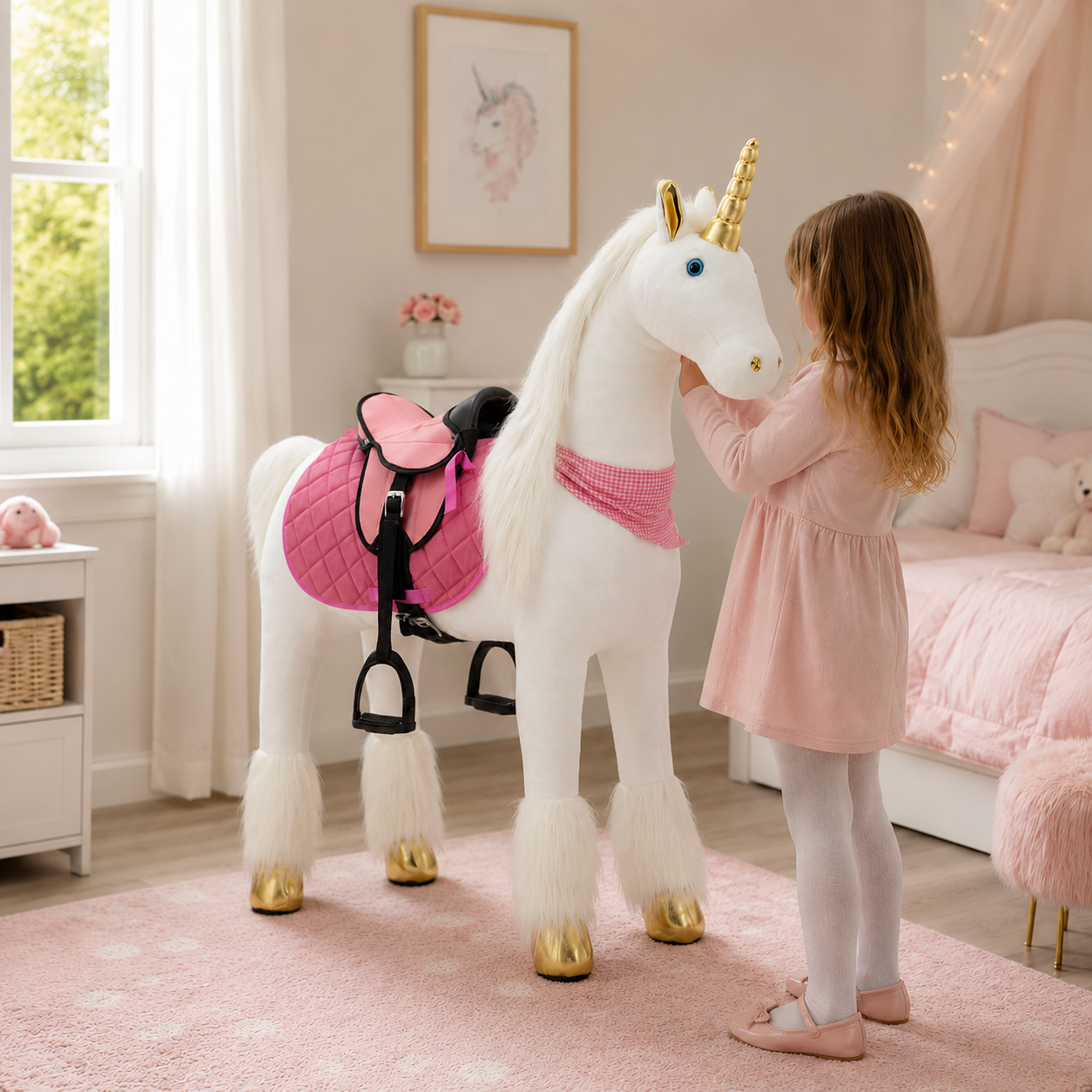 Stehpferd Einhorn XXL 125 cm Weiß mit Stahlunterbau mit Reitsattel – belastbar bis 100 kg