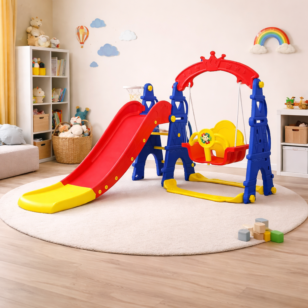 Sweety Toys 12718 schommel en glijbaan speelset 3-in-1 product rood/geel/blauw met basketbalring in Eiffeltoren design