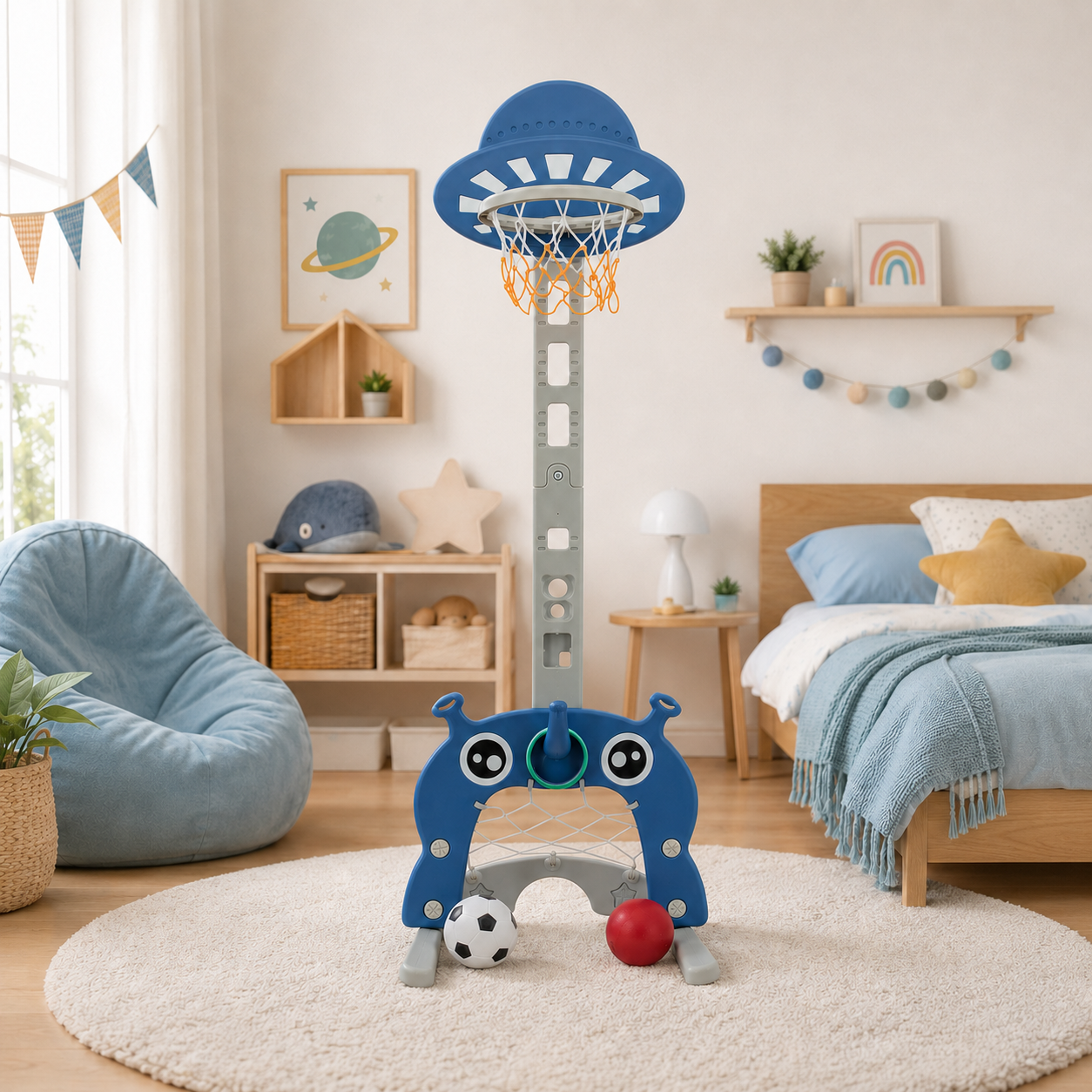 Sweety Toys 12749 Basketballkorb blau 3 in 1 Spielzeug - Ringe werfen, Fußballtor, Basketball