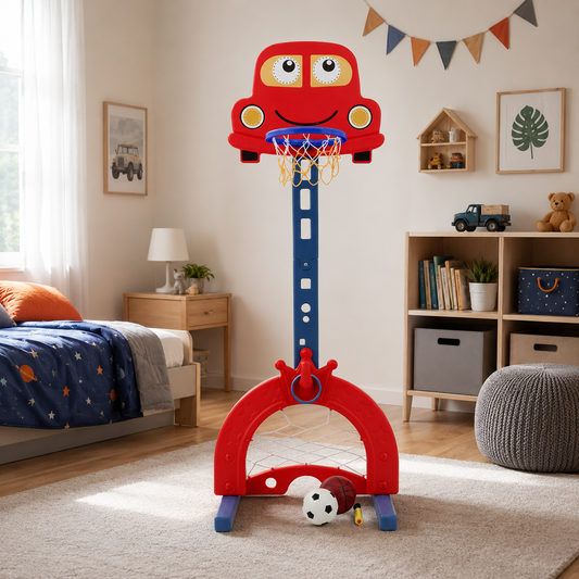 Sweety Toys 12756 panier de basket rouge jouet 3 en 1 - anneaux de lancer, but de foot, basket