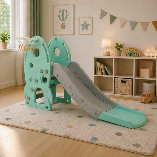Sweety Toys 12787 vrijstaande glijbaan raket ontwerp turkoois 2-in-1 product basketbalspel