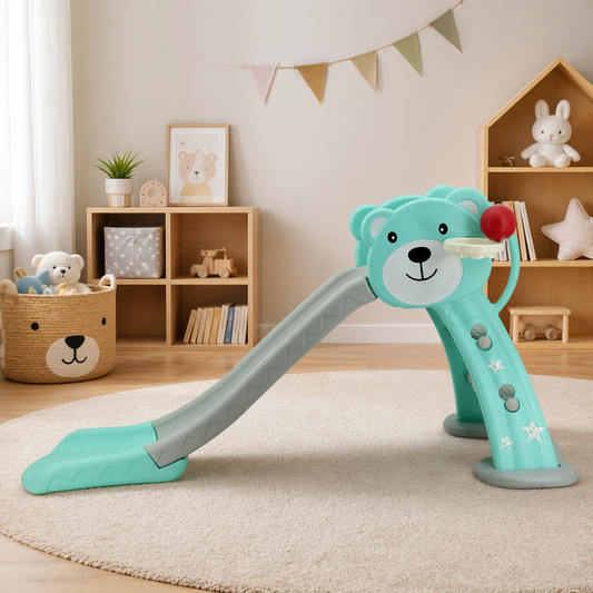 
Sweety Toys 12848 vrijstaande glijbaan teddybeer ontwerp turkoois 2-in-1 product basketbalspel