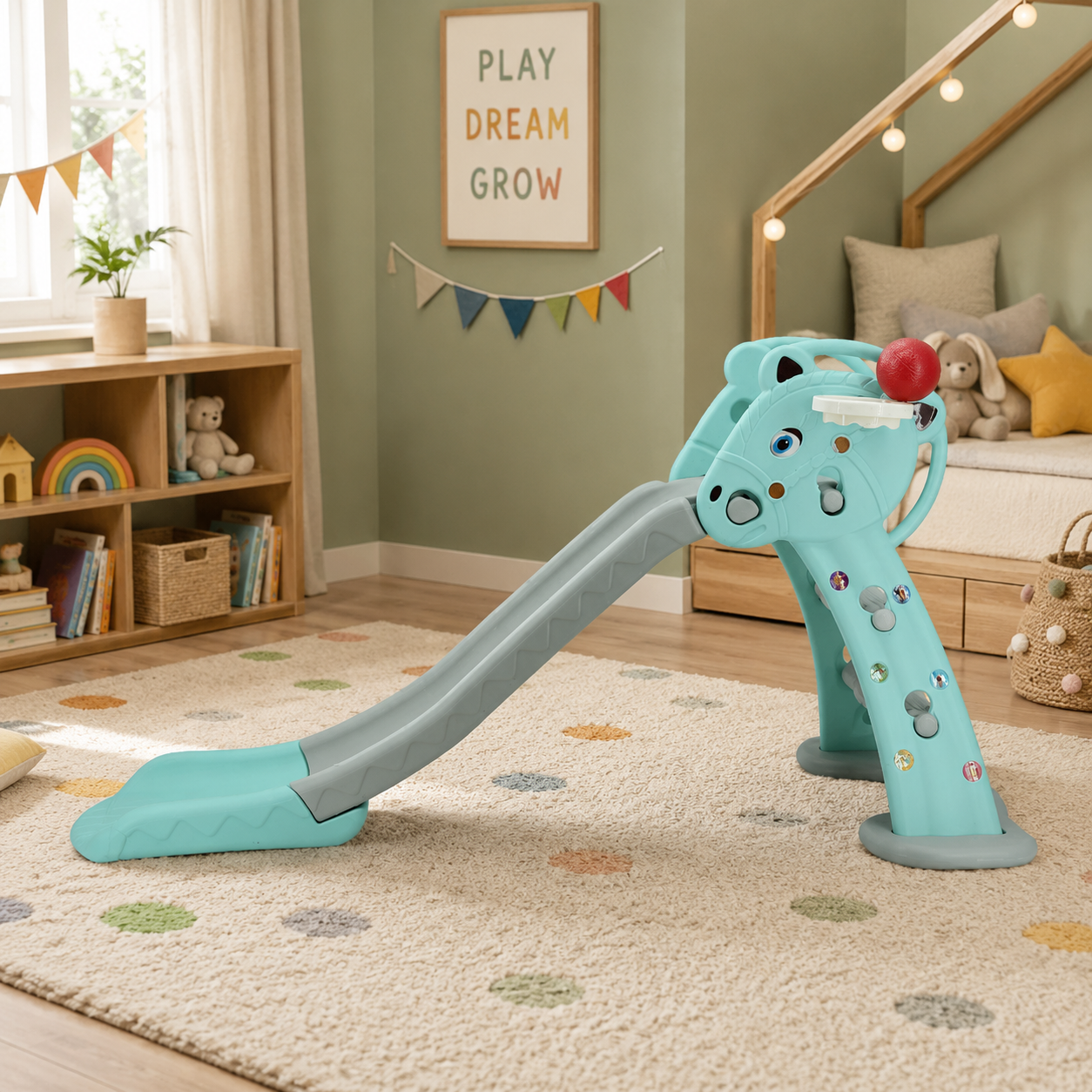 Sweety Toys 12879 Free Standing Slide Horse Design Turchese Prodotto 2 in 1 Gioco di basket