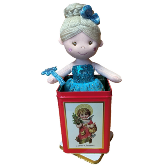 Sweety Toys Geschenkset 13258 Stoffpuppe Softpuppe Fee mit Geschenkdose, Weihnachtsdose mit Plüschtier Prinzessin 30 cm blau