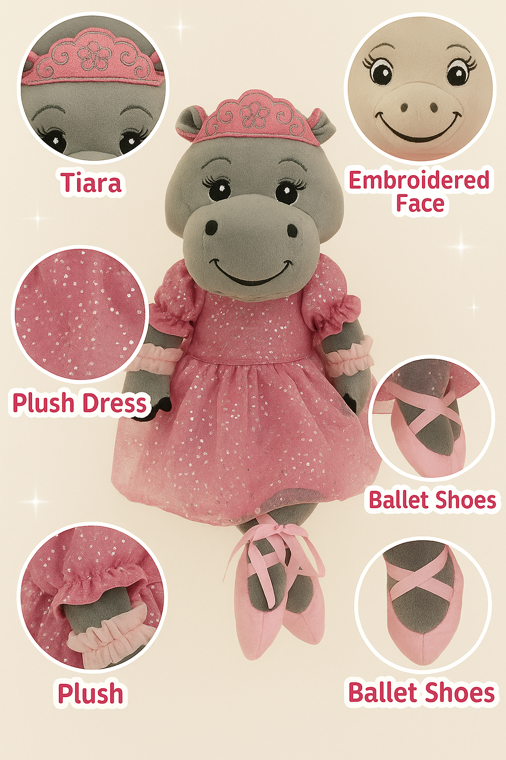 Sweety Toys 13418 Stoffpuppe Ballerina Nilpferd – Kuscheltier Hippo mit Tütü & Krone, 50 cm – weiches Stofftier