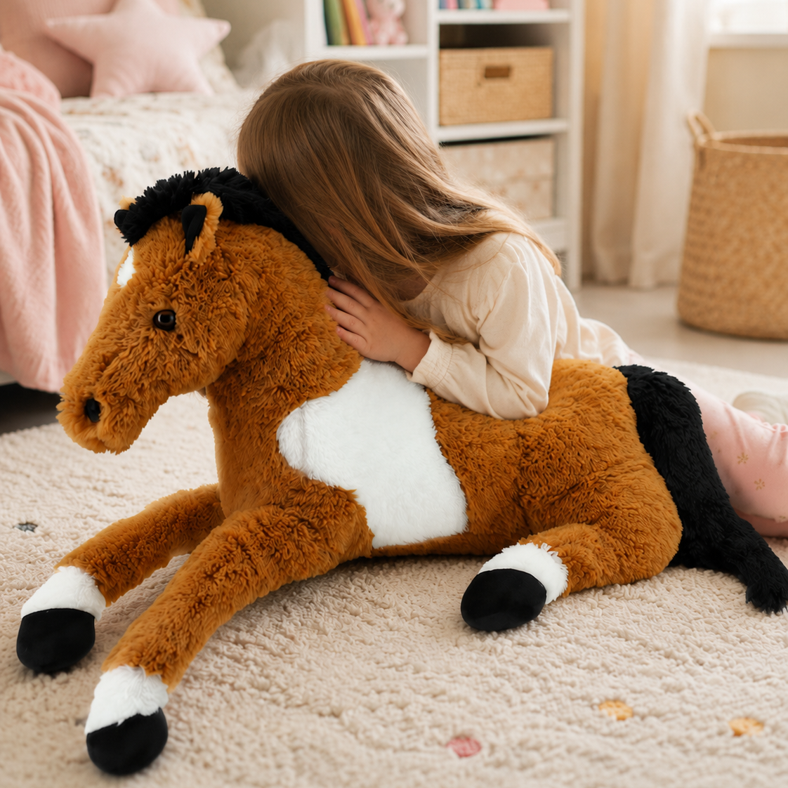 Plüschpferd braun-weiß, liegendes Kuschelpferd 90 cm, großes Kuscheltier für Kinder