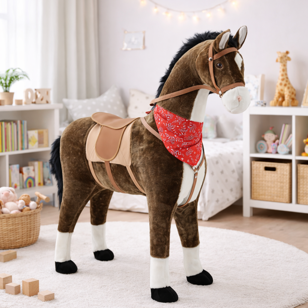 Sweety Toys 5048 Plüsch-Stehpferd "Chocolate" 105cm mit dunkler Mähne und Schweif mit Sattel, Pferdedecke und Zaumzeug